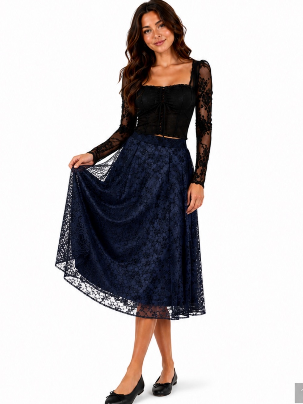 Free People Lace Midi Skirt Women’s M Black Lace Overlay Boho Whimsigoth Flowy